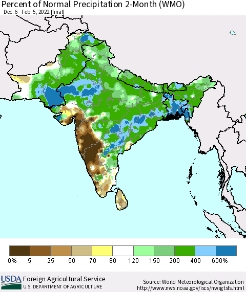Southern Asia Percent of Normal Precipitation 2-Month (WMO) Thematic Map For 12/6/2021 - 2/5/2022