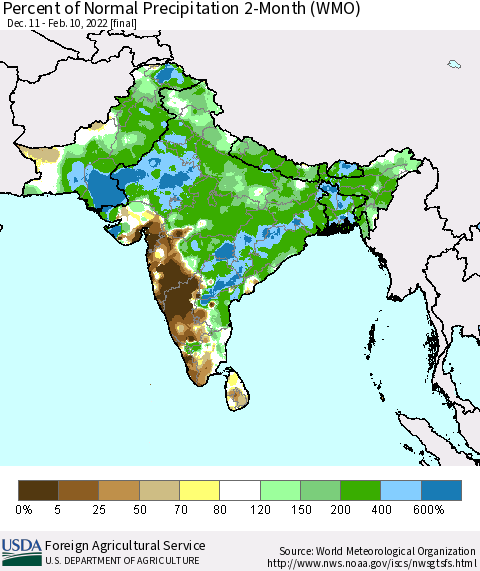 Southern Asia Percent of Normal Precipitation 2-Month (WMO) Thematic Map For 12/11/2021 - 2/10/2022
