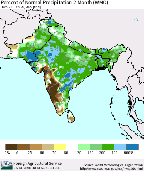 Southern Asia Percent of Normal Precipitation 2-Month (WMO) Thematic Map For 12/21/2021 - 2/20/2022