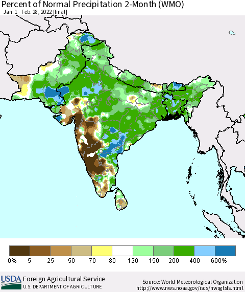 Southern Asia Percent of Normal Precipitation 2-Month (WMO) Thematic Map For 1/1/2022 - 2/28/2022