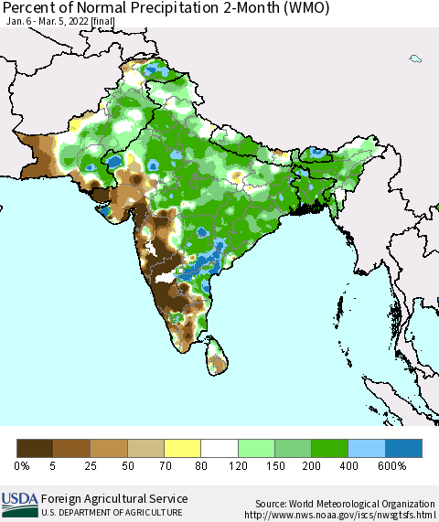 Southern Asia Percent of Normal Precipitation 2-Month (WMO) Thematic Map For 1/6/2022 - 3/5/2022
