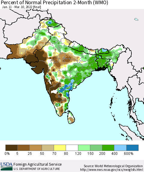 Southern Asia Percent of Normal Precipitation 2-Month (WMO) Thematic Map For 1/11/2022 - 3/10/2022