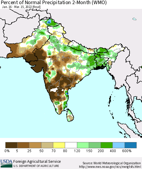 Southern Asia Percent of Normal Precipitation 2-Month (WMO) Thematic Map For 1/16/2022 - 3/15/2022