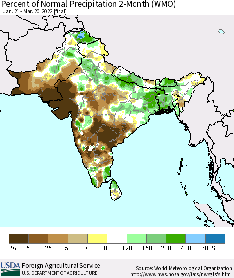 Southern Asia Percent of Normal Precipitation 2-Month (WMO) Thematic Map For 1/21/2022 - 3/20/2022