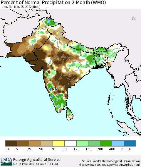 Southern Asia Percent of Normal Precipitation 2-Month (WMO) Thematic Map For 1/26/2022 - 3/25/2022