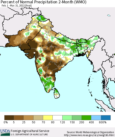 Southern Asia Percent of Normal Precipitation 2-Month (WMO) Thematic Map For 2/1/2022 - 3/31/2022