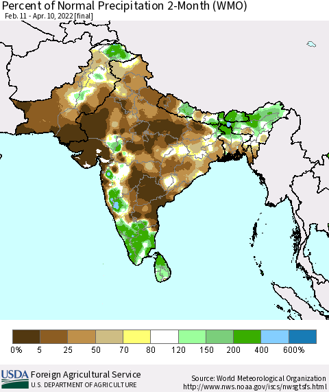 Southern Asia Percent of Normal Precipitation 2-Month (WMO) Thematic Map For 2/11/2022 - 4/10/2022