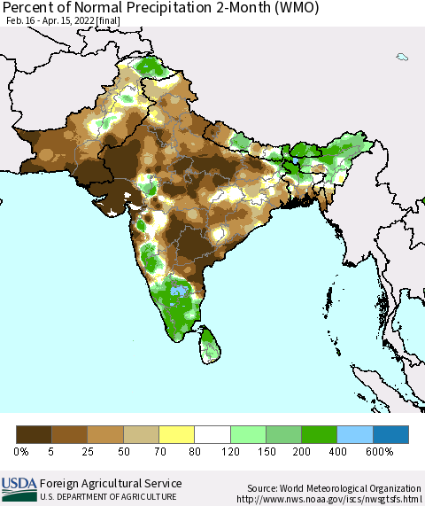 Southern Asia Percent of Normal Precipitation 2-Month (WMO) Thematic Map For 2/16/2022 - 4/15/2022