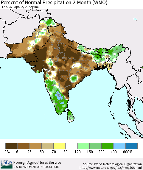 Southern Asia Percent of Normal Precipitation 2-Month (WMO) Thematic Map For 2/26/2022 - 4/25/2022