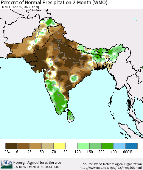 Southern Asia Percent of Normal Precipitation 2-Month (WMO) Thematic Map For 3/1/2022 - 4/30/2022