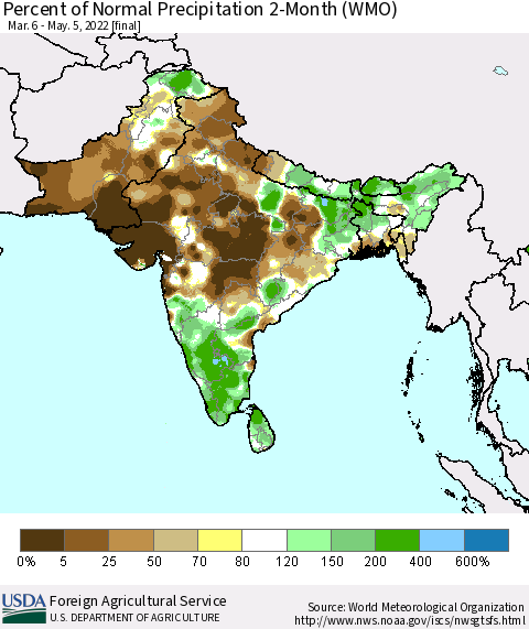 Southern Asia Percent of Normal Precipitation 2-Month (WMO) Thematic Map For 3/6/2022 - 5/5/2022
