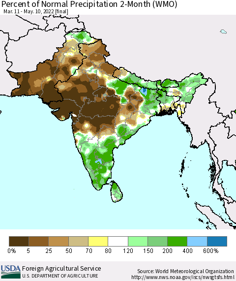 Southern Asia Percent of Normal Precipitation 2-Month (WMO) Thematic Map For 3/11/2022 - 5/10/2022