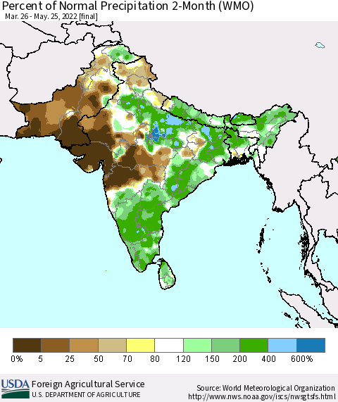 Southern Asia Percent of Normal Precipitation 2-Month (WMO) Thematic Map For 3/26/2022 - 5/25/2022