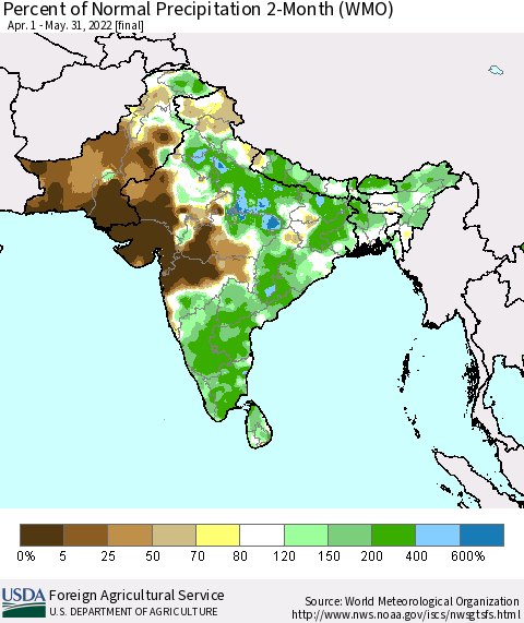 Southern Asia Percent of Normal Precipitation 2-Month (WMO) Thematic Map For 4/1/2022 - 5/31/2022