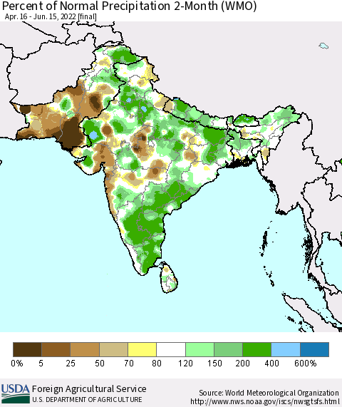 Southern Asia Percent of Normal Precipitation 2-Month (WMO) Thematic Map For 4/16/2022 - 6/15/2022