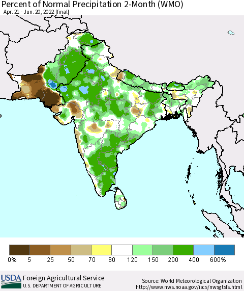 Southern Asia Percent of Normal Precipitation 2-Month (WMO) Thematic Map For 4/21/2022 - 6/20/2022