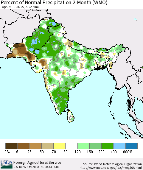Southern Asia Percent of Normal Precipitation 2-Month (WMO) Thematic Map For 4/26/2022 - 6/25/2022