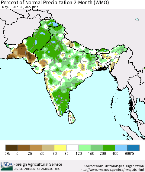 Southern Asia Percent of Normal Precipitation 2-Month (WMO) Thematic Map For 5/1/2022 - 6/30/2022