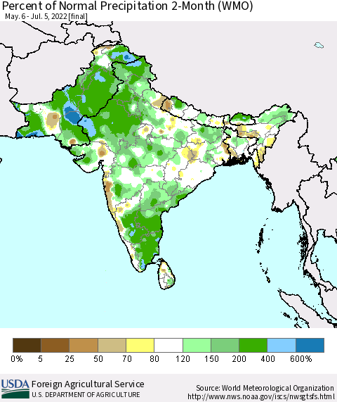 Southern Asia Percent of Normal Precipitation 2-Month (WMO) Thematic Map For 5/6/2022 - 7/5/2022
