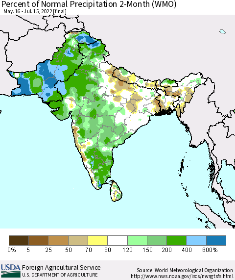 Southern Asia Percent of Normal Precipitation 2-Month (WMO) Thematic Map For 5/16/2022 - 7/15/2022