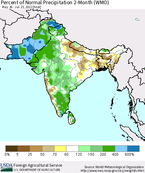 Southern Asia Percent of Normal Precipitation 2-Month (WMO) Thematic Map For 5/26/2022 - 7/25/2022