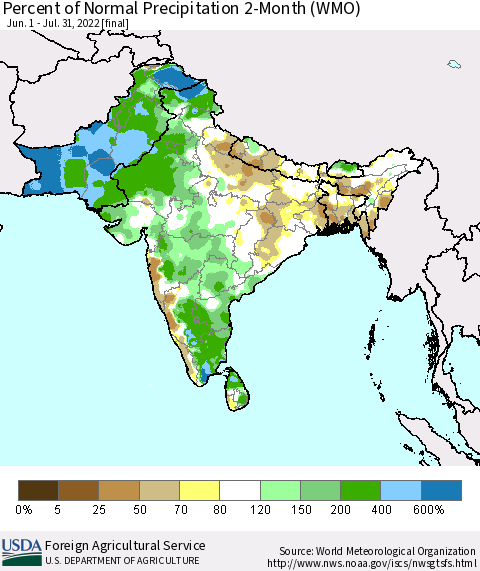 Southern Asia Percent of Normal Precipitation 2-Month (WMO) Thematic Map For 6/1/2022 - 7/31/2022
