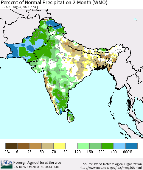 Southern Asia Percent of Normal Precipitation 2-Month (WMO) Thematic Map For 6/6/2022 - 8/5/2022