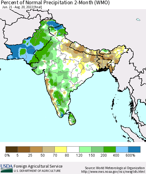 Southern Asia Percent of Normal Precipitation 2-Month (WMO) Thematic Map For 6/21/2022 - 8/20/2022