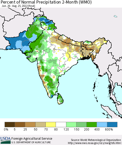 Southern Asia Percent of Normal Precipitation 2-Month (WMO) Thematic Map For 6/26/2022 - 8/25/2022