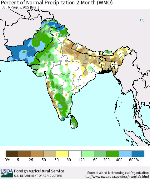 Southern Asia Percent of Normal Precipitation 2-Month (WMO) Thematic Map For 7/6/2022 - 9/5/2022