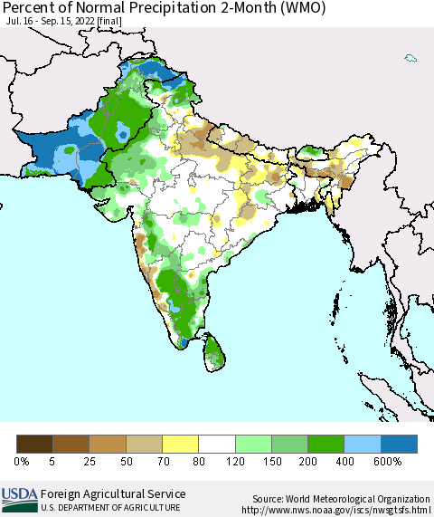Southern Asia Percent of Normal Precipitation 2-Month (WMO) Thematic Map For 7/16/2022 - 9/15/2022