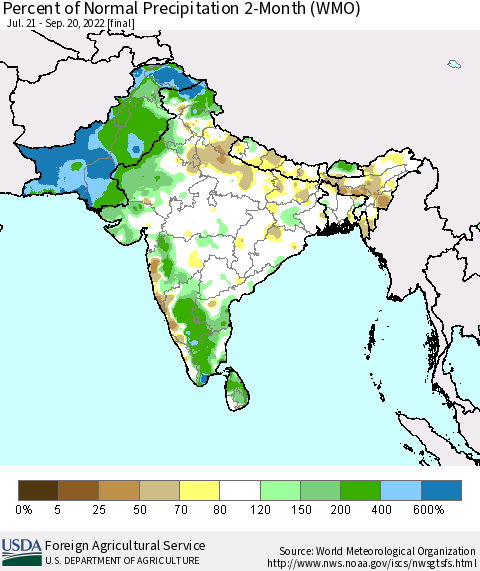 Southern Asia Percent of Normal Precipitation 2-Month (WMO) Thematic Map For 7/21/2022 - 9/20/2022