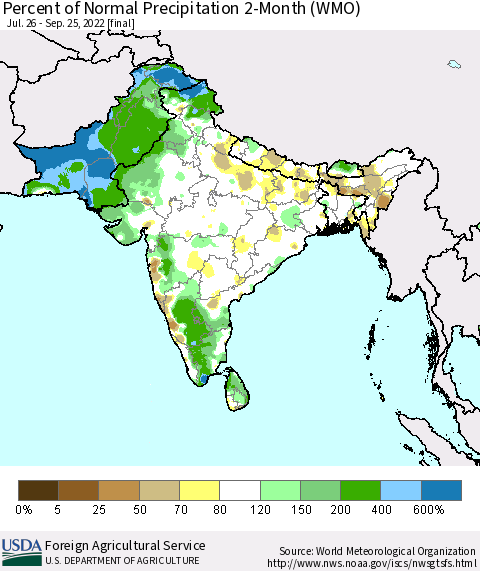 Southern Asia Percent of Normal Precipitation 2-Month (WMO) Thematic Map For 7/26/2022 - 9/25/2022