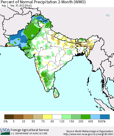 Southern Asia Percent of Normal Precipitation 2-Month (WMO) Thematic Map For 8/1/2022 - 9/30/2022