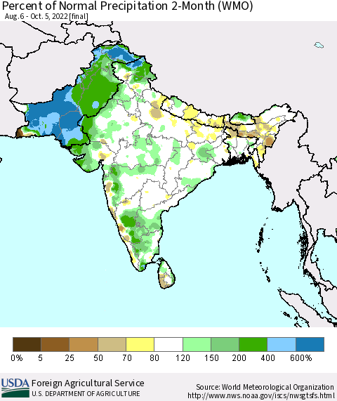 Southern Asia Percent of Normal Precipitation 2-Month (WMO) Thematic Map For 8/6/2022 - 10/5/2022