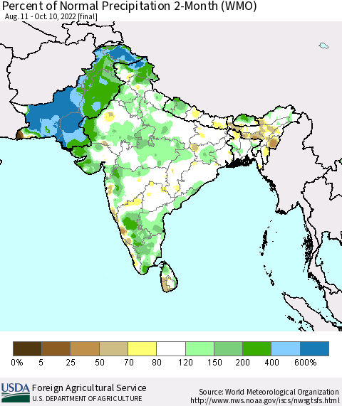 Southern Asia Percent of Normal Precipitation 2-Month (WMO) Thematic Map For 8/11/2022 - 10/10/2022