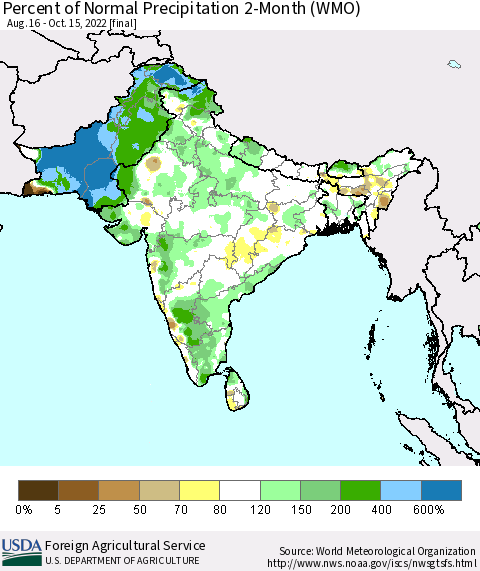 Southern Asia Percent of Normal Precipitation 2-Month (WMO) Thematic Map For 8/16/2022 - 10/15/2022