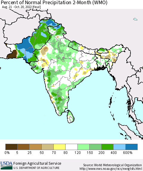 Southern Asia Percent of Normal Precipitation 2-Month (WMO) Thematic Map For 8/21/2022 - 10/20/2022