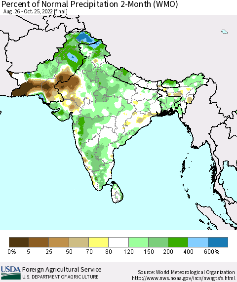 Southern Asia Percent of Normal Precipitation 2-Month (WMO) Thematic Map For 8/26/2022 - 10/25/2022