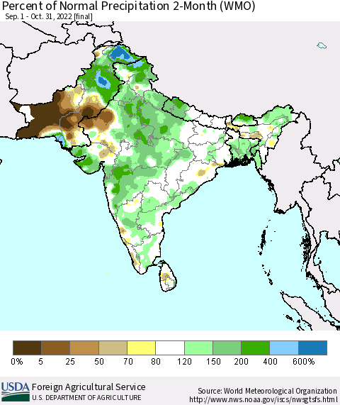 Southern Asia Percent of Normal Precipitation 2-Month (WMO) Thematic Map For 9/1/2022 - 10/31/2022