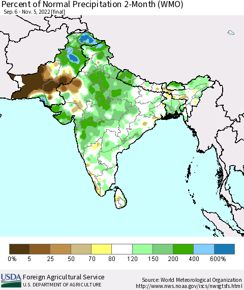 Southern Asia Percent of Normal Precipitation 2-Month (WMO) Thematic Map For 9/6/2022 - 11/5/2022