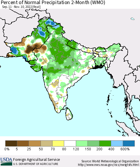 Southern Asia Percent of Normal Precipitation 2-Month (WMO) Thematic Map For 9/11/2022 - 11/10/2022