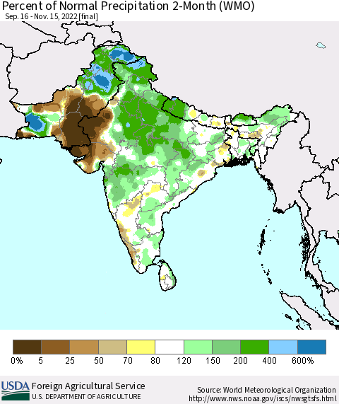 Southern Asia Percent of Normal Precipitation 2-Month (WMO) Thematic Map For 9/16/2022 - 11/15/2022