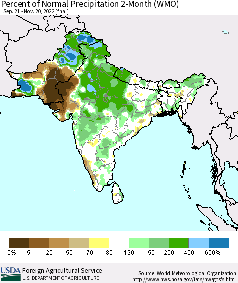 Southern Asia Percent of Normal Precipitation 2-Month (WMO) Thematic Map For 9/21/2022 - 11/20/2022
