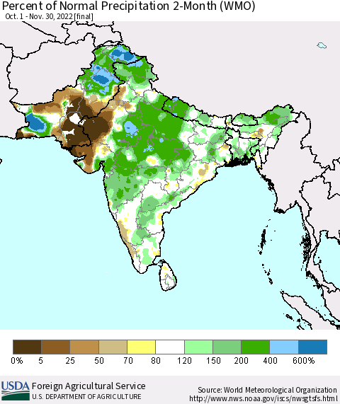 Southern Asia Percent of Normal Precipitation 2-Month (WMO) Thematic Map For 10/1/2022 - 11/30/2022