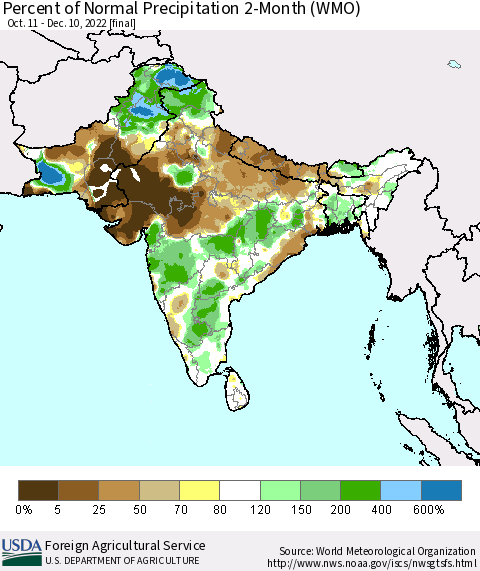 Southern Asia Percent of Normal Precipitation 2-Month (WMO) Thematic Map For 10/11/2022 - 12/10/2022