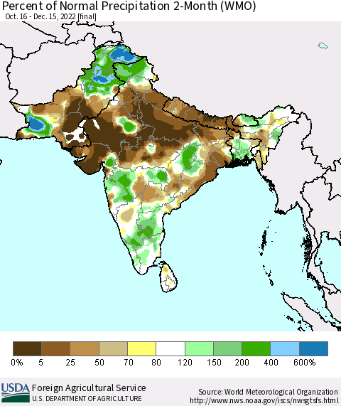 Southern Asia Percent of Normal Precipitation 2-Month (WMO) Thematic Map For 10/16/2022 - 12/15/2022