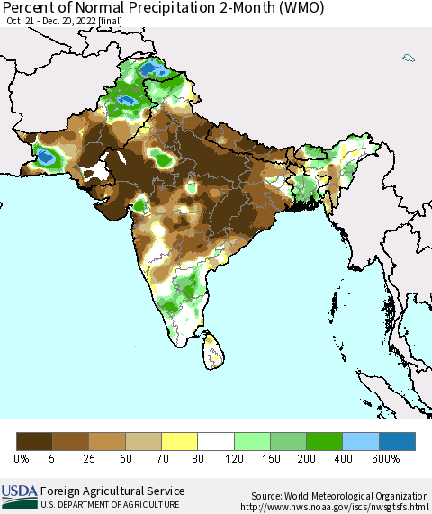 Southern Asia Percent of Normal Precipitation 2-Month (WMO) Thematic Map For 10/21/2022 - 12/20/2022