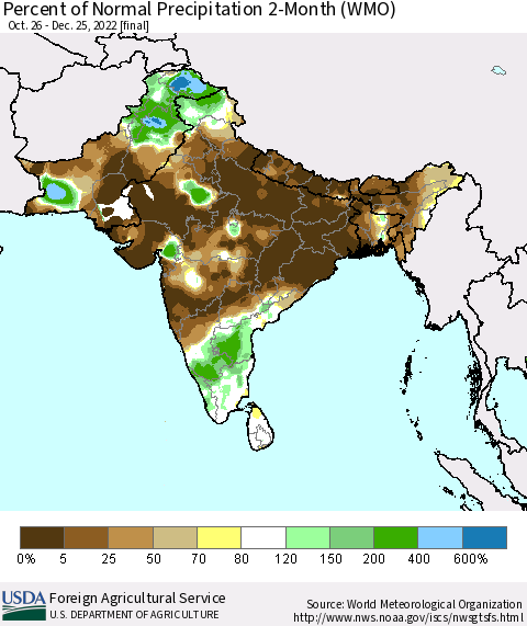 Southern Asia Percent of Normal Precipitation 2-Month (WMO) Thematic Map For 10/26/2022 - 12/25/2022