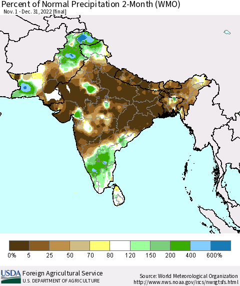 Southern Asia Percent of Normal Precipitation 2-Month (WMO) Thematic Map For 11/1/2022 - 12/31/2022